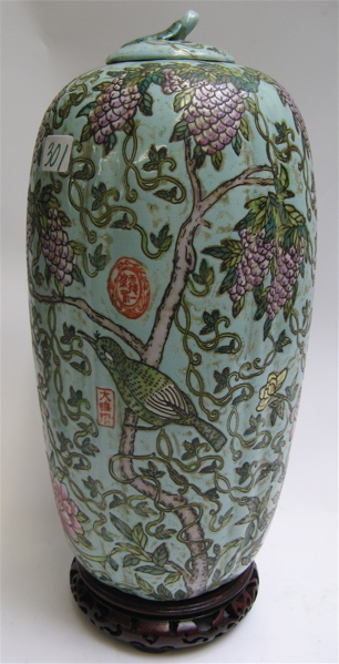 Appraisal: CHINESE ENAMELED PORCELAIN MELON JAR hand enameled wisteria tree blossoms