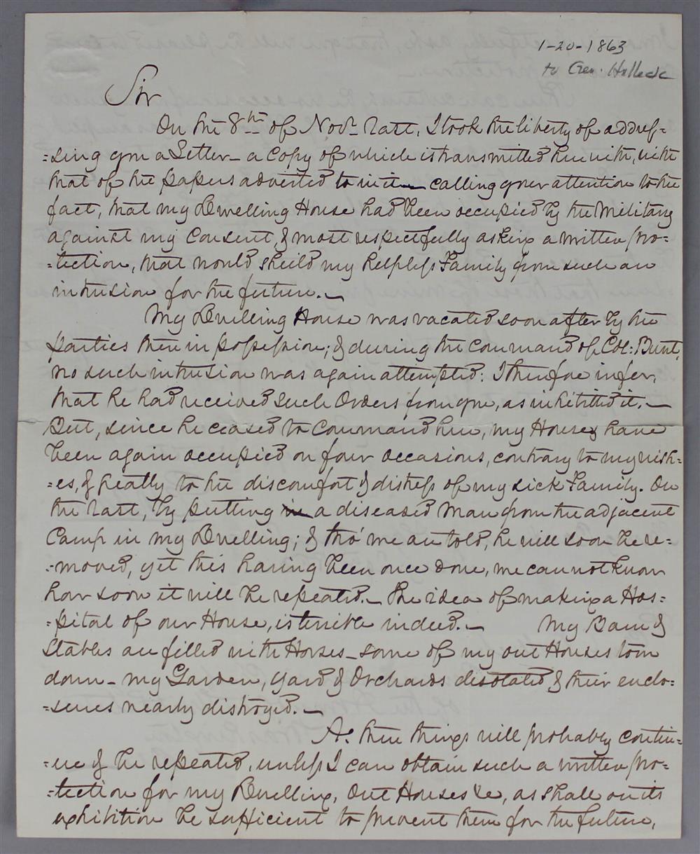 Appraisal: GEORGE MASON LETTER TO UNION GENERAL-IN-CHIEF HALLECK REQUESTING MILITARY PROTECTION