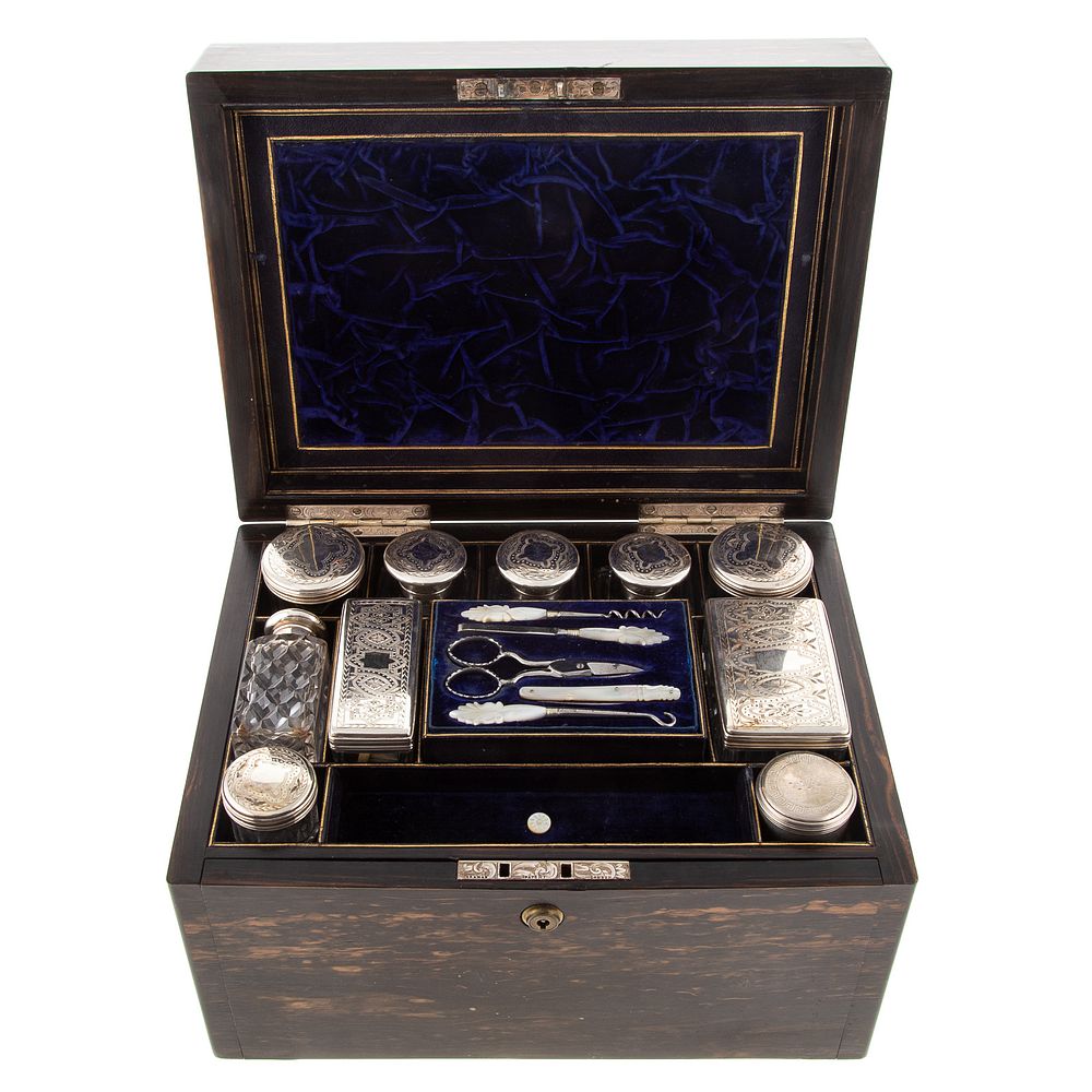 Appraisal: Victorian Zebrawood Vanity Box Silver-plated mounts marked Braman London the