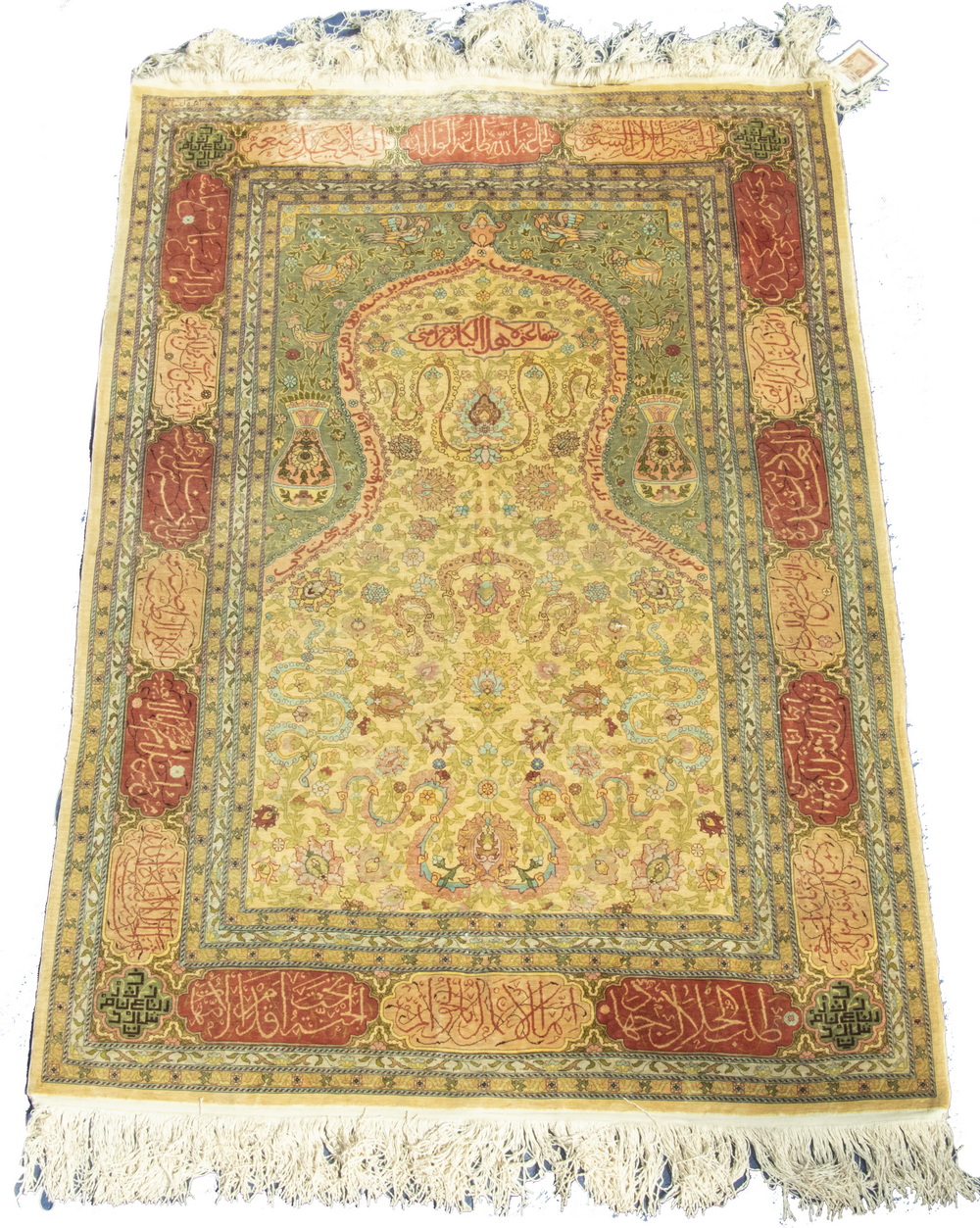 Appraisal: HEREKE SILK PRAYER RUG WITH WORKSHOP PROVENANCE Gold ground mihrab