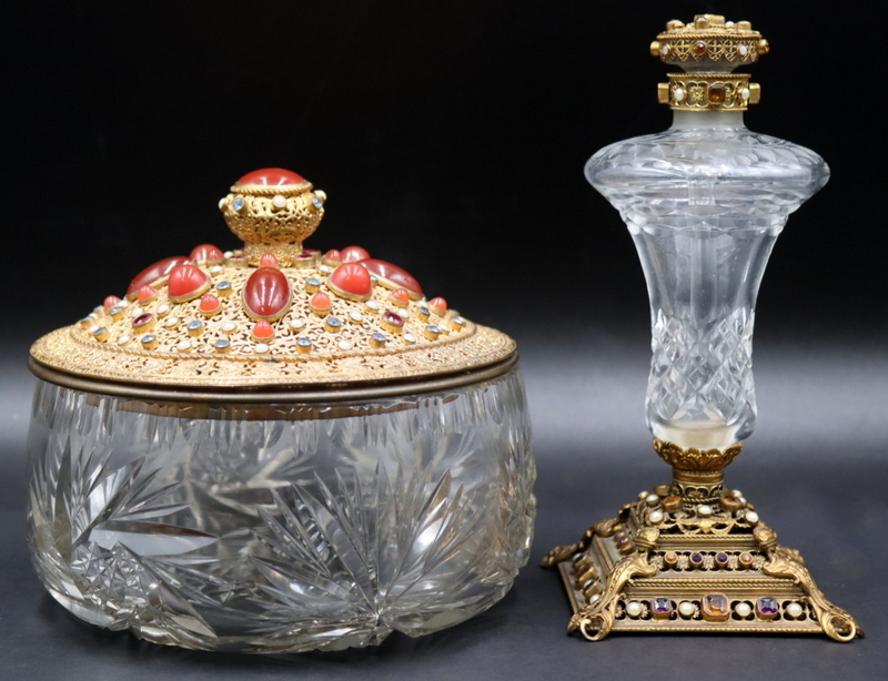 Appraisal: Pcs of Continental Gilt Metal Mounted and Bejeweled Vanity Items