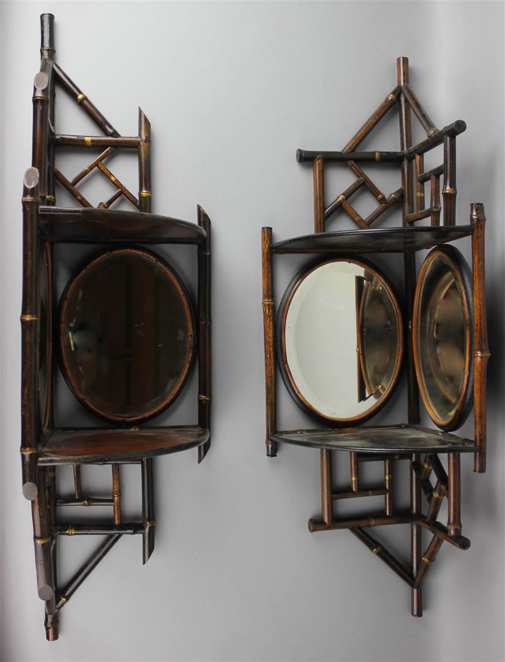 Appraisal: TWO REGENCY STYLE MIRRORED WOOD AND BAMBOO CORNER BRACKETS with