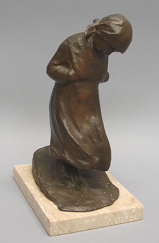 Appraisal: Standing child looking down at sloping ground t brown patina