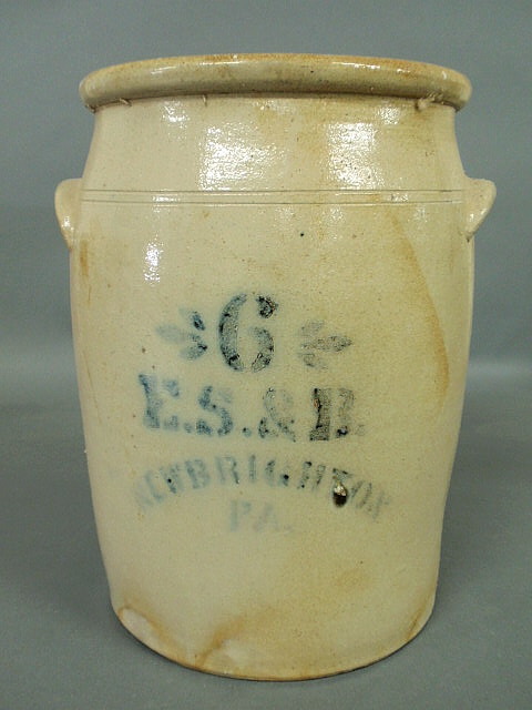 Appraisal: Six-gallon stoneware crock with blue stencil decoration E S B