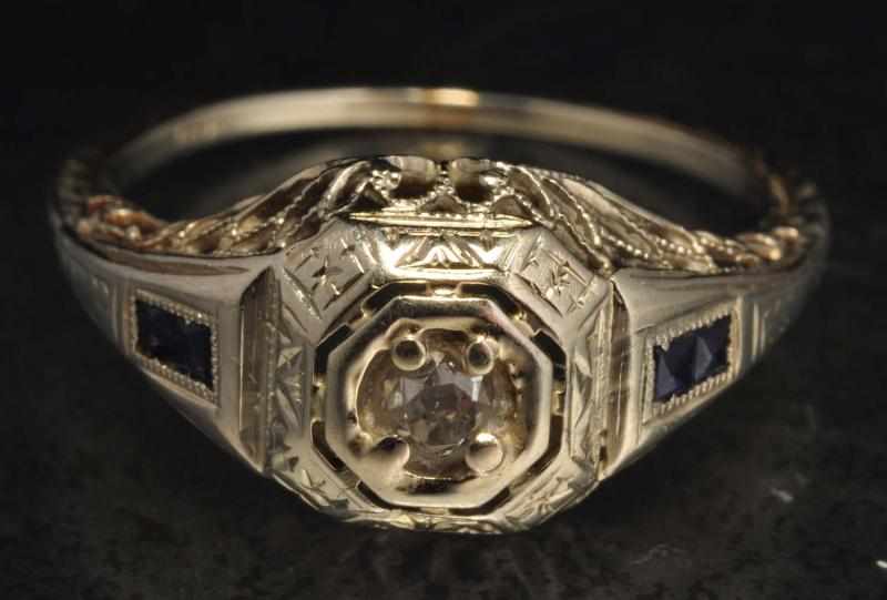 Appraisal: K W Gold Diamond Sapphire Filigree Ring Description Diamonds ctw