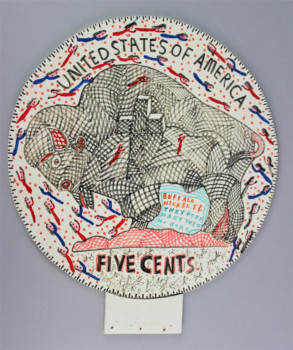 Appraisal: HOWARD FINSTER AMERICAN - BUFFALO NICKEL Acrylic on wood x