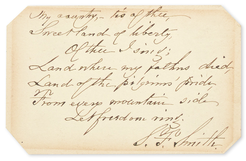 Appraisal: MY COUNTRY 'TIS OF THEE SMITH SAMUEL FRANCIS Autograph Manuscript