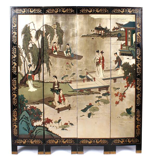 Appraisal: A four panel coromandel screen Hong Kong extensive damage height