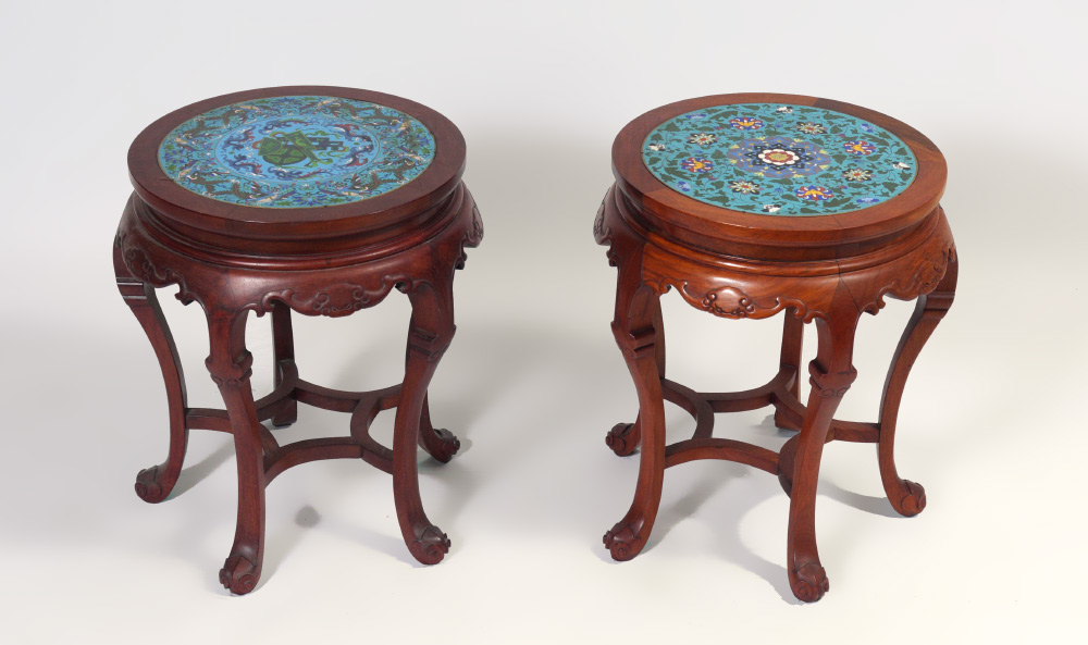 Appraisal: PAIR OF CLOISONNE SIDE TABLES Side tables or stands inset