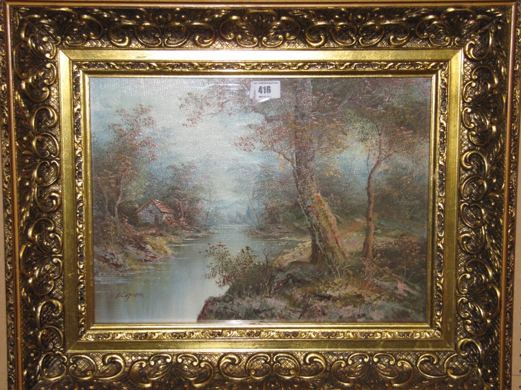 Appraisal: Oil on board woodland scene with a river indistinctly signed