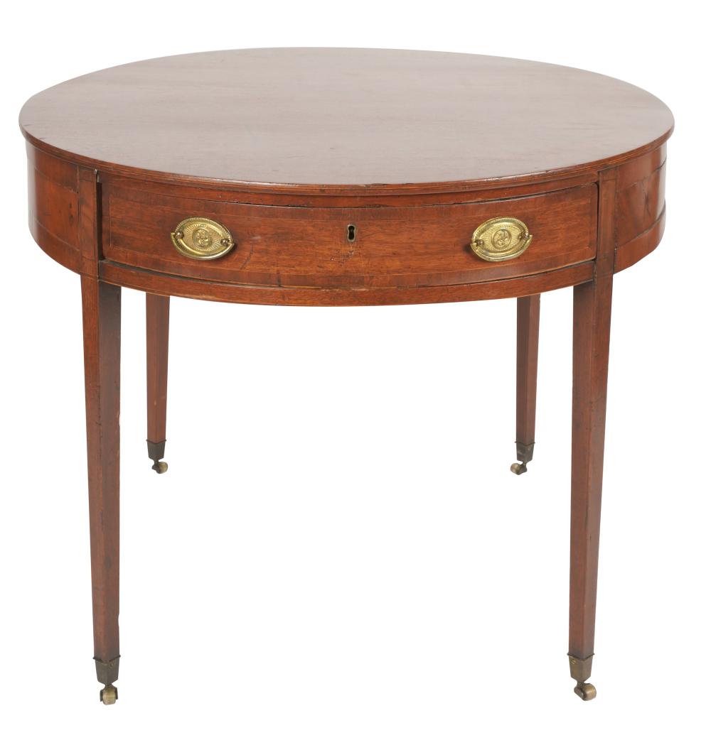 Appraisal: GEORGIAN-STYLE INLAID MAHOGANY DRUM TABLEthe round top over one drawer