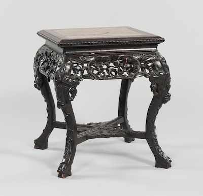 Appraisal: A Carved Chinese Wood Stand with Pink Marble Square top