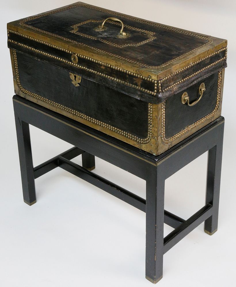 Appraisal: Chinese Export Camphorwood and Leather Bound Box on Stand th