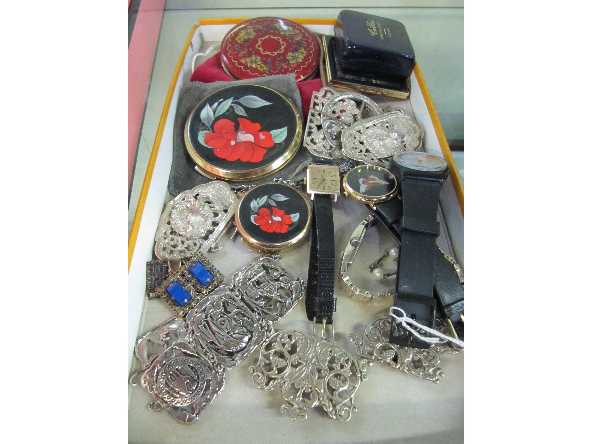 Appraisal: A box of assorted buckles watches and compacts