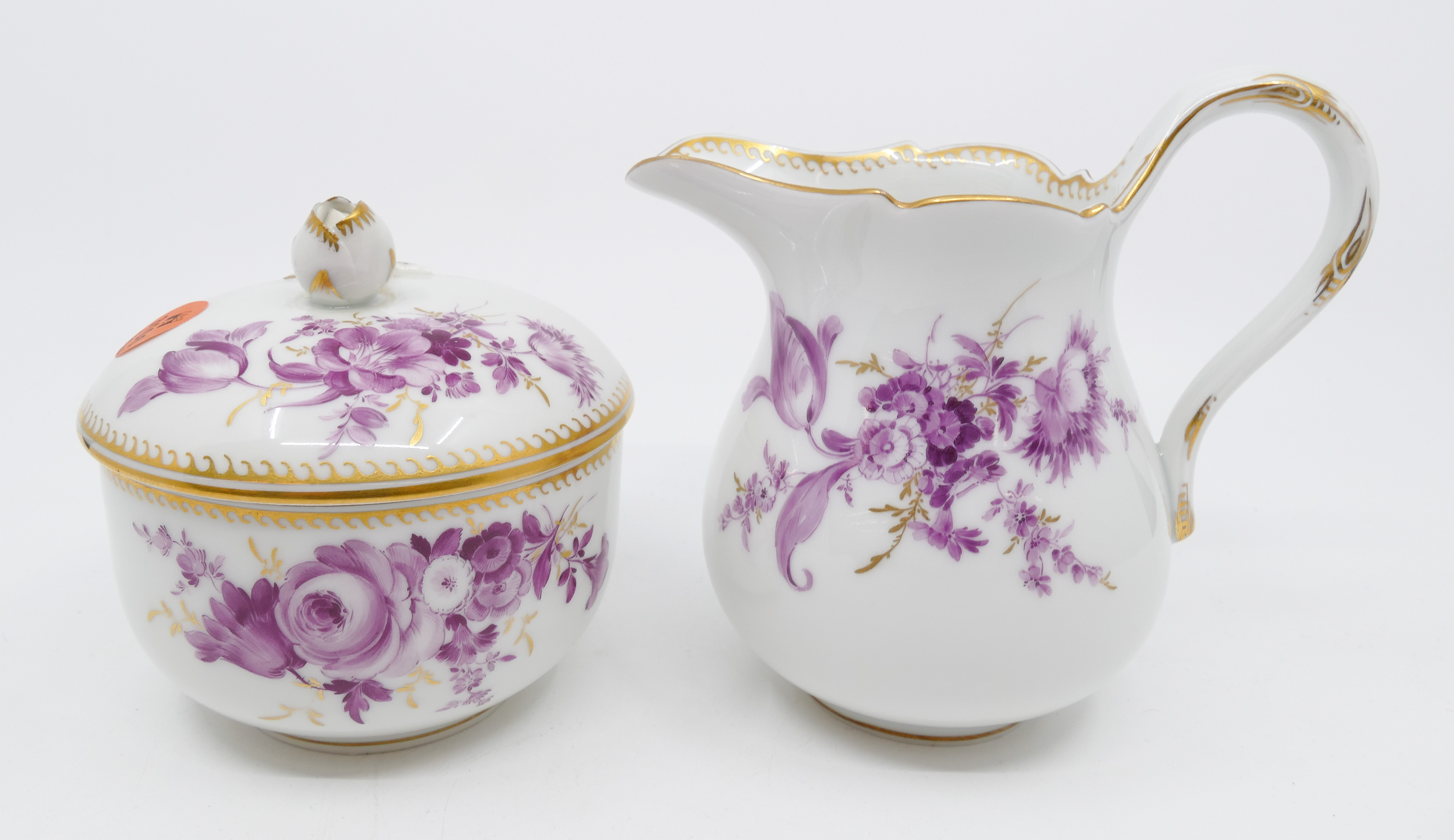 Appraisal: Meissen Pink Flower Porcelain Creamer and Sugar Bowl Gilt decoration