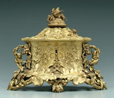 Appraisal: Brass jewelry cask decorated with twigs beetles vines one handle