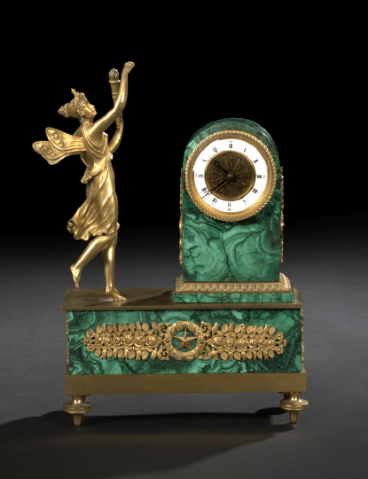 Appraisal: Planchon Paris Gilt-Brass and Malachite Figural Mantel Clock second quarter