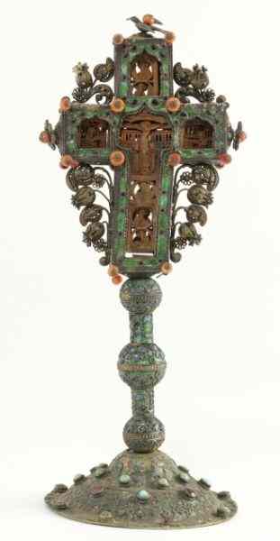 Appraisal: Silver Filigree and Enameled Reliquarylikely th century upper cross contains