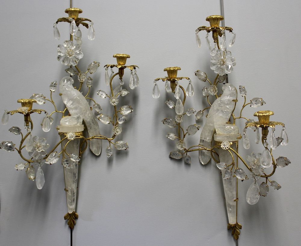 Appraisal: Pair of Quality Bagues Style Rock Crystal Bird Form Sconces