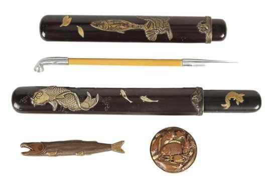 Appraisal: A group of Japanese items comprising two lacquer pipe holders