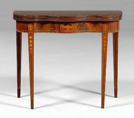 Appraisal: Federal style inlaid card table figured mahogany and urn-inlaid skirt