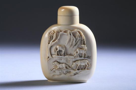 Appraisal: CHINESE IVORY SNUFF BOTTLE Flattened ovoid-form carved on one side