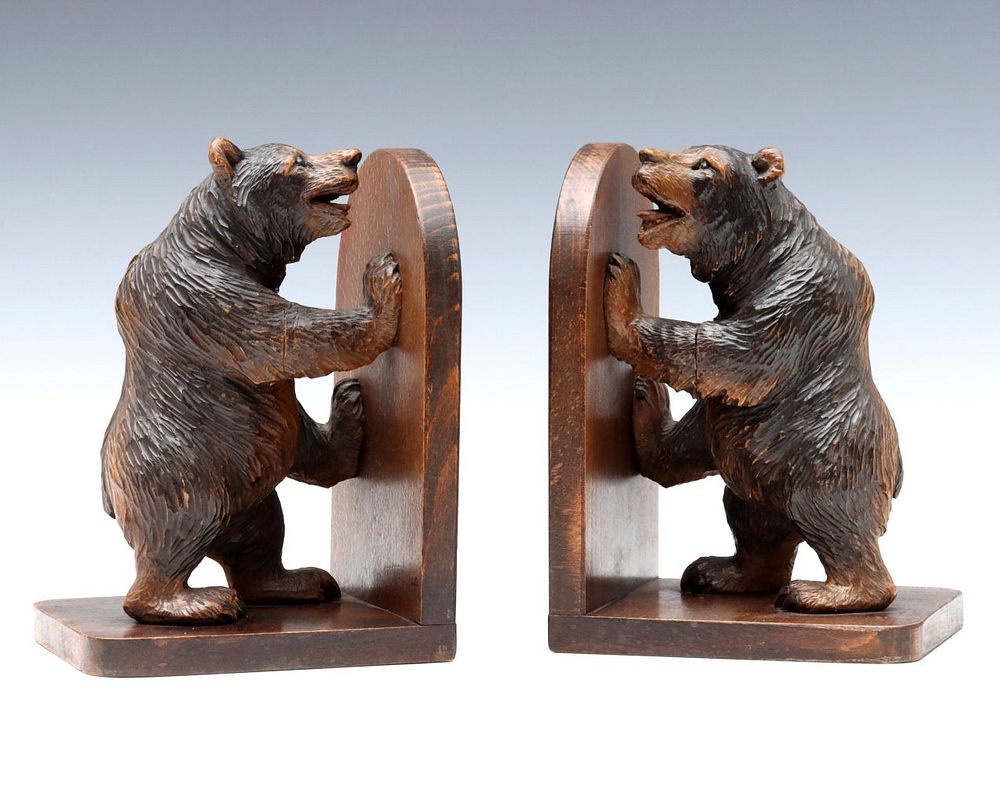 Appraisal: AN EARLY C BLACK FOREST CARVED WOOD BEAR BOOKEND PAIR