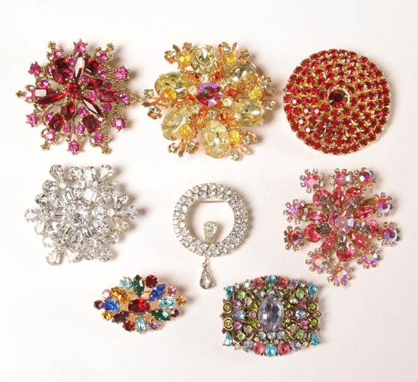 Appraisal: Lot of eight costume jewelry pins one Hollycraft the other