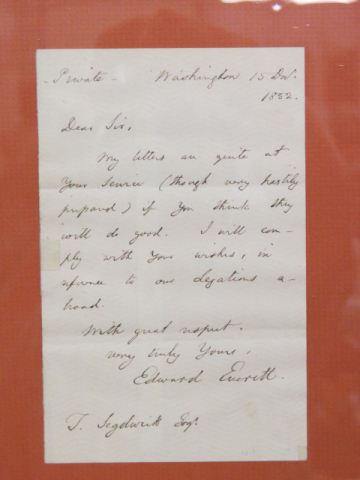 Appraisal: Letter from Edward Everett to ThomasSegdwick approx x framed