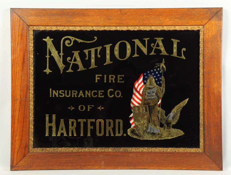 Appraisal: National Fire Insurance Reverse On Glass Sign Complete with appears