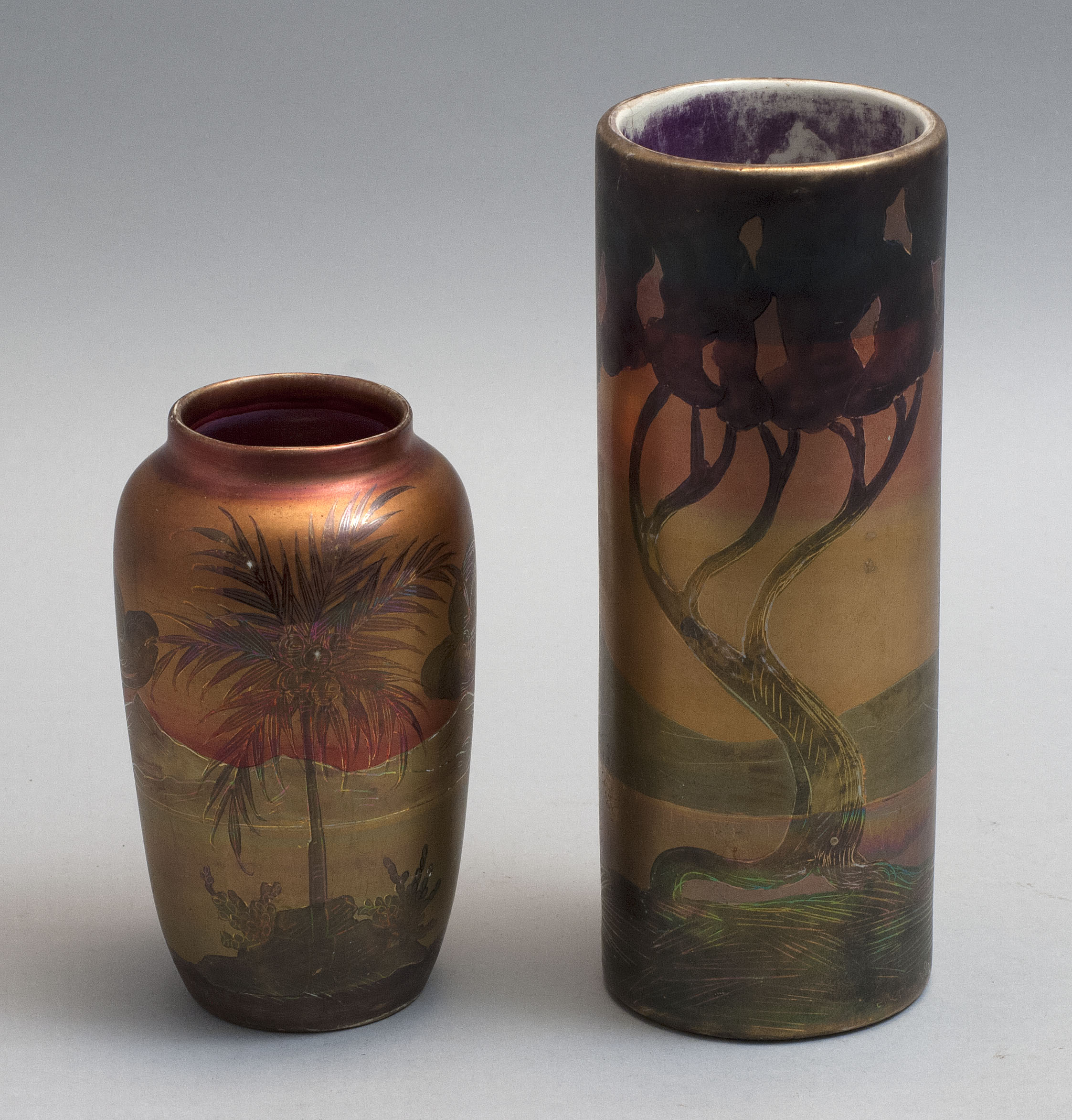 Appraisal: TWO WELLER POTTERY LASA VASES Zanesville Ohio Circa A cylindrical