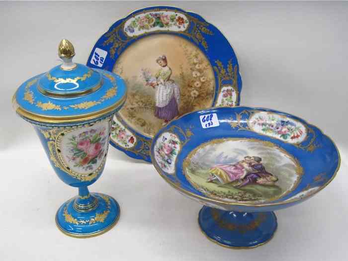 Appraisal: THREE FRENCH SEVRES PIECES '' diameter plate with woman holding