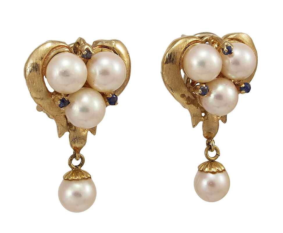 Appraisal: K PEARL SAPPHIRE EARRINGS K yellow gold earrings contain mm