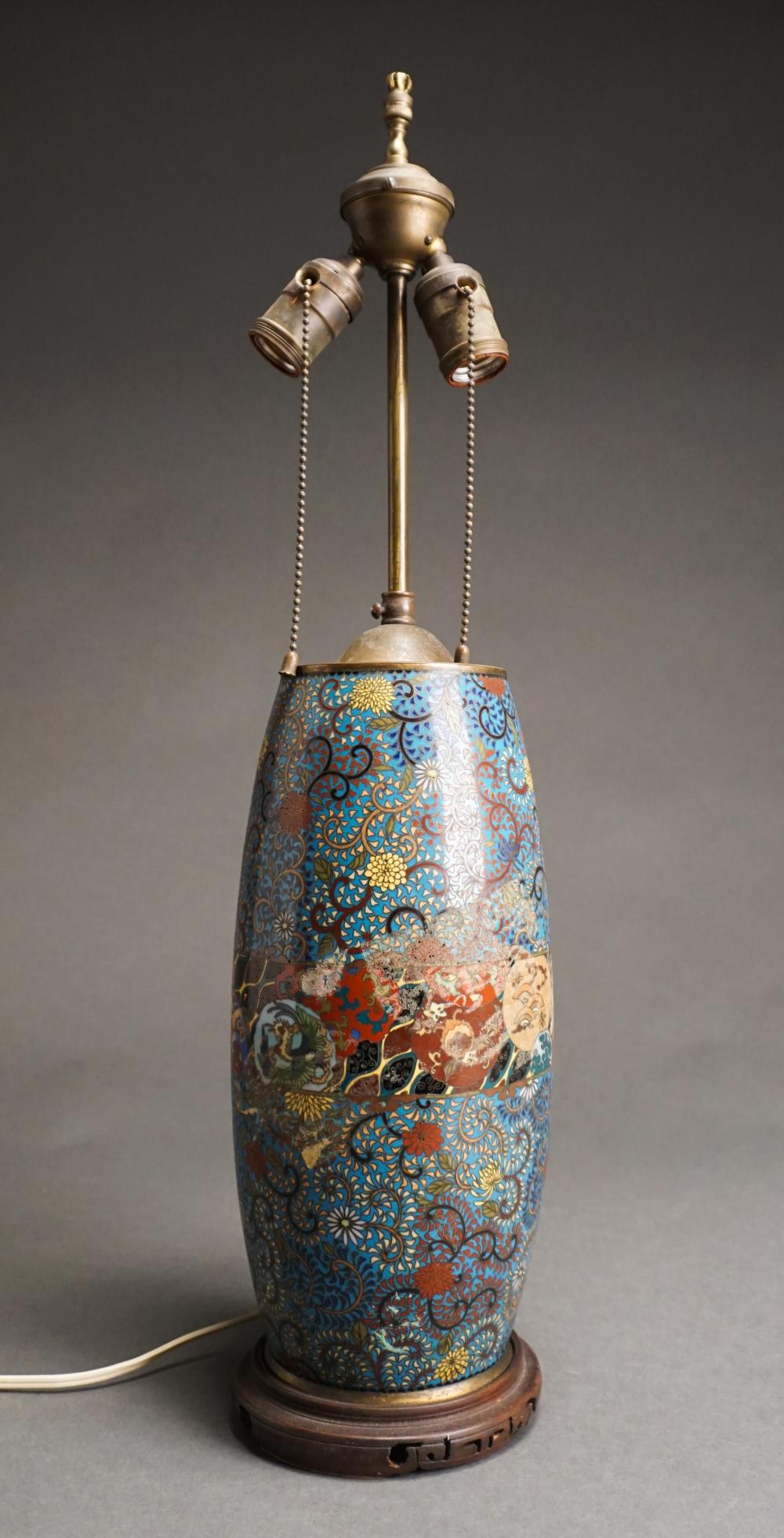 Appraisal: JAPANESE CLOISONNE ENAMEL VASE MOUNTED AS LAMP H IN CM