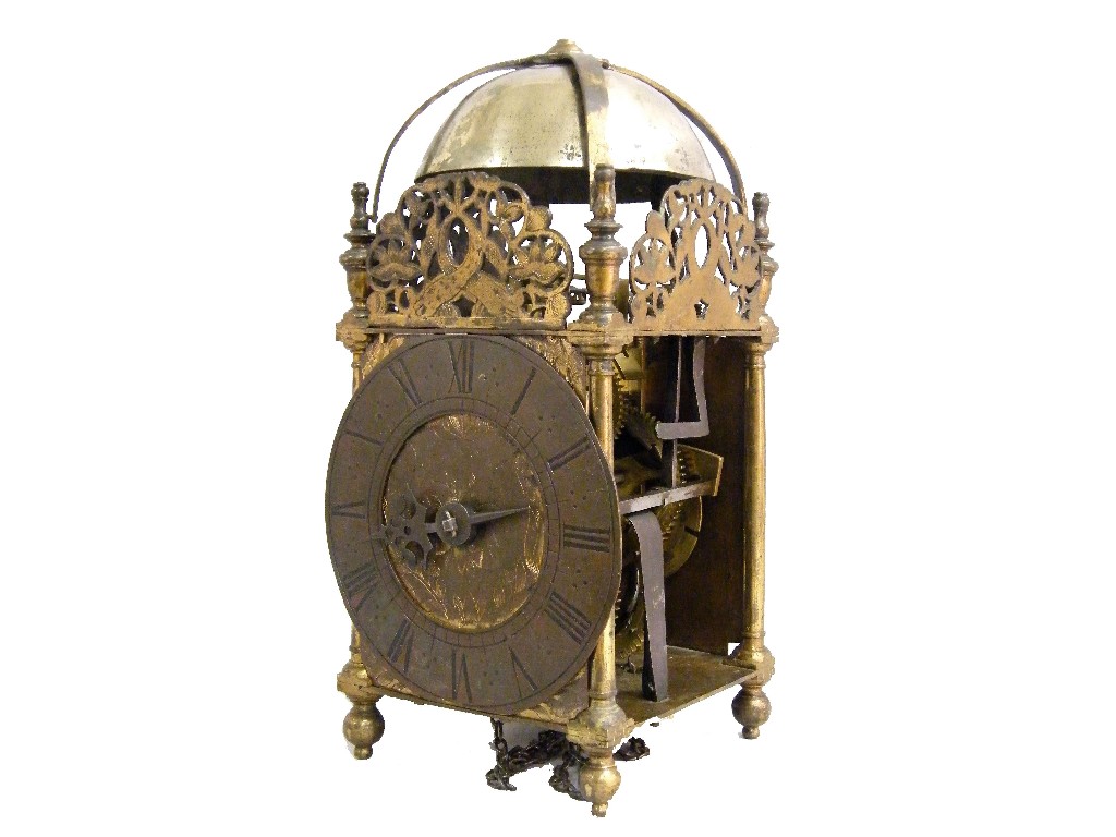 Appraisal: Interesting verge brass lantern clock the chapter ring enclosing a