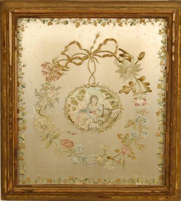 Appraisal: An early th century silk work panel the central oval