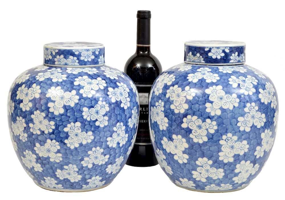 Appraisal: Pr Chinese Vases Blue and White Lidded Jars Pair of