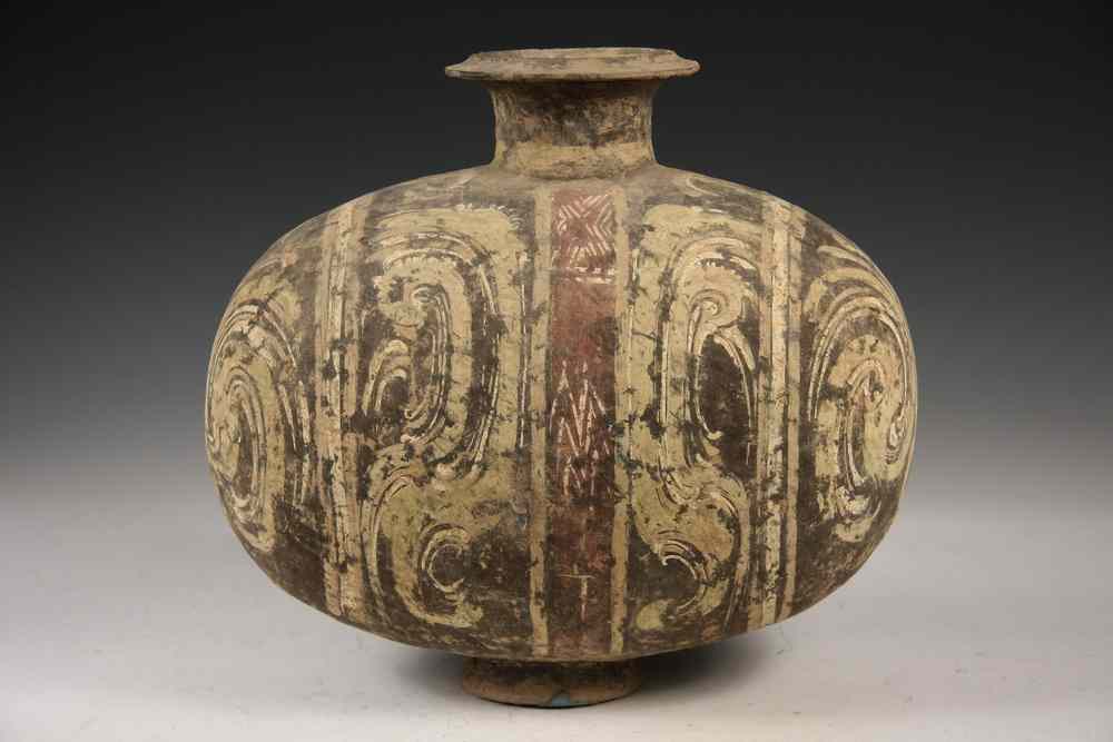 Appraisal: CHINESE HAN JAR - Chinese Painted Pottery Cocoon Jar Han