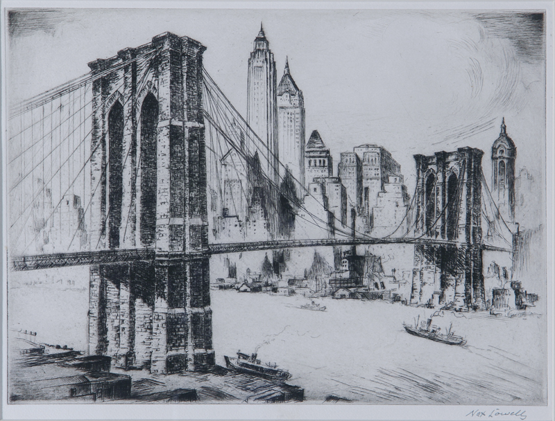 Appraisal: Nat Lowell New York - BROOKLYN BRIDGE c etching framed