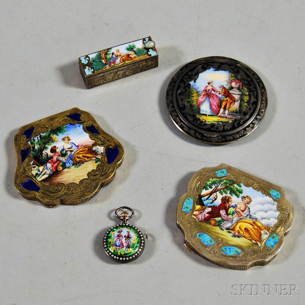 Appraisal: Group of Enamel and Coin Silver Accessories three compacts with