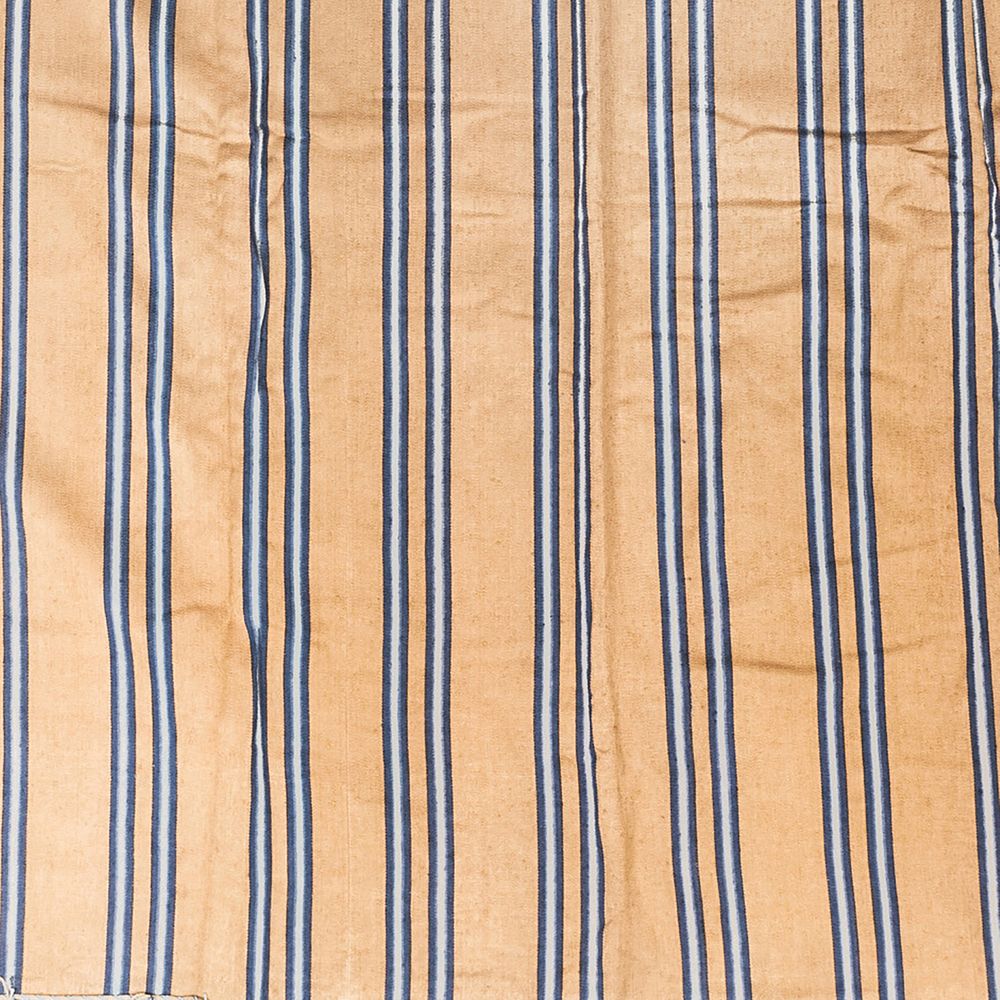 Appraisal: Pair of Beige and Blue Striped Curtains with Fringe Lined