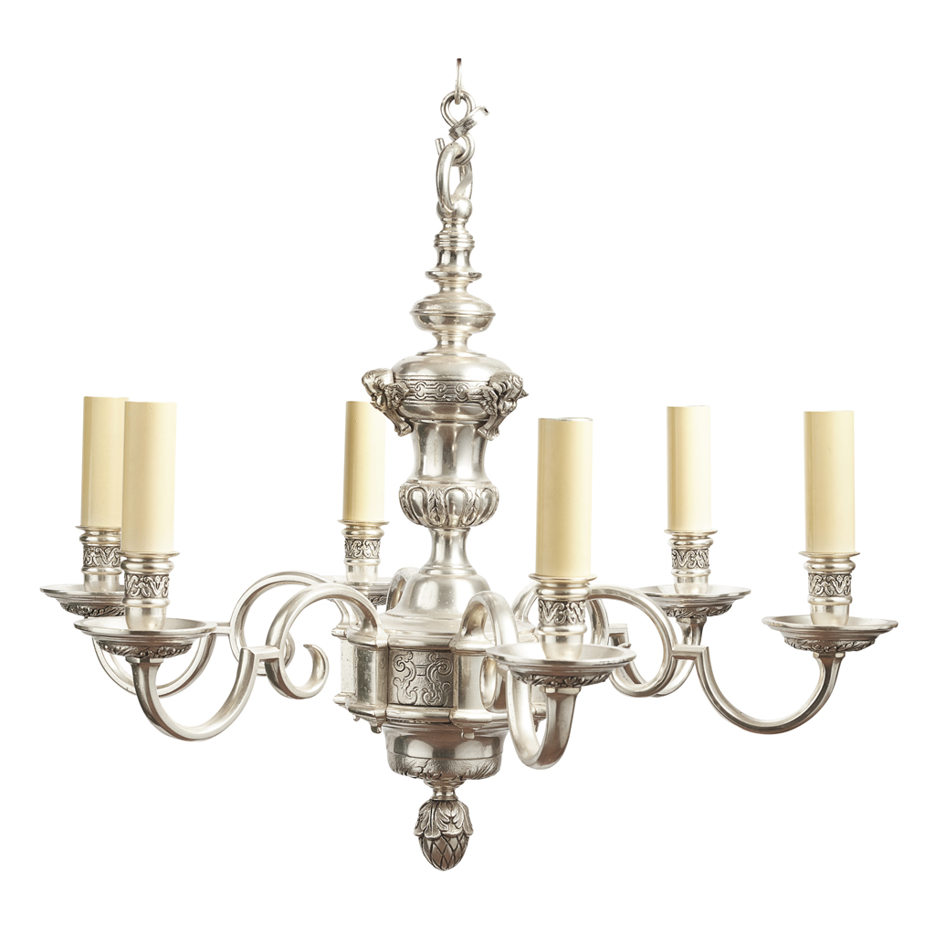 Appraisal: DUTCH BAROQUE STYLE SIX LIGHT SILVERED METAL CHANDELIER EARLY TH