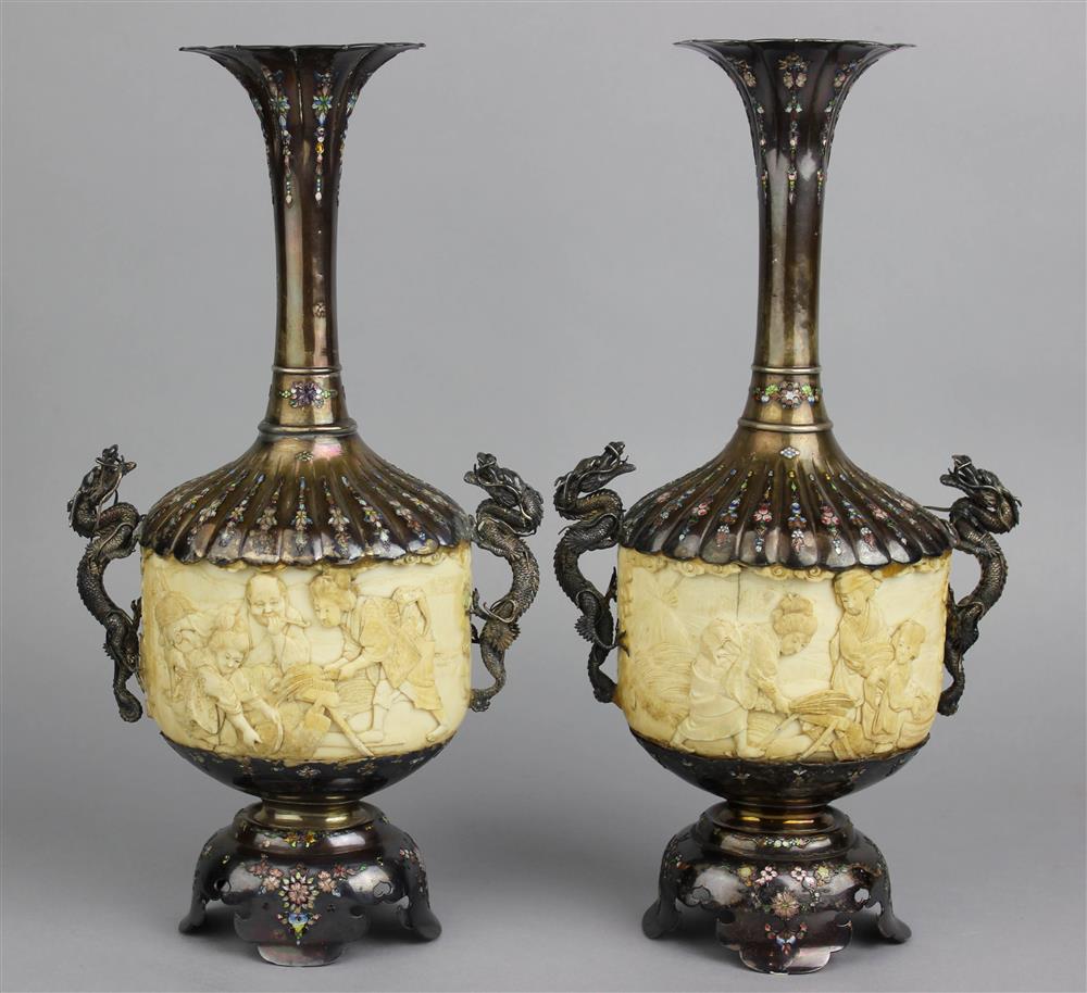 Appraisal: PAIR OF JAPANESE ENAMELED SILVER-MOUNTED VASES MEIJI PERIOD each with