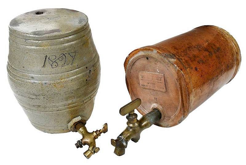 Appraisal: Two Stoneware Spirit Barrels with Spigots British gray glazed ribbed