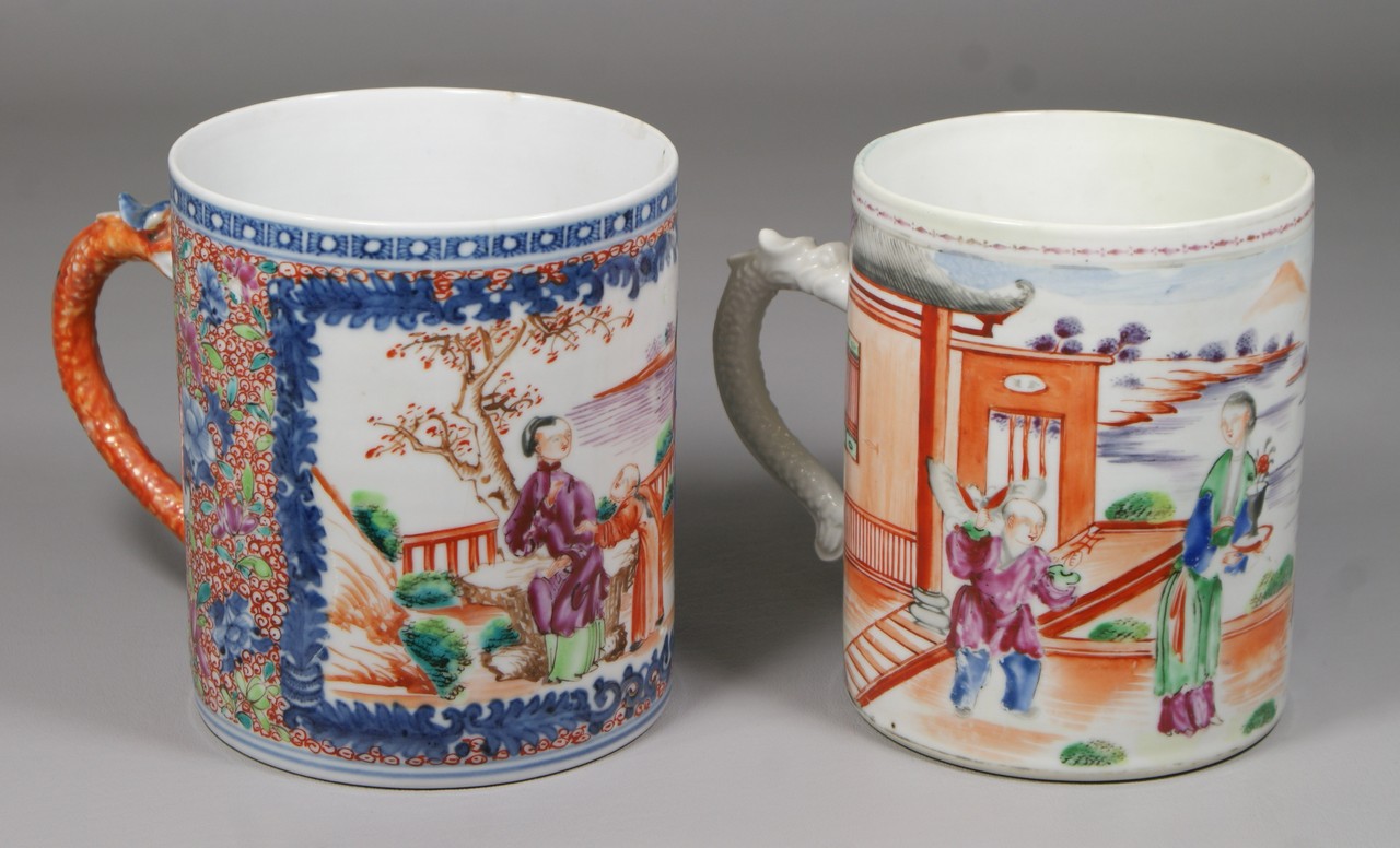 Appraisal: Chinese Export Porcelain Tankard Mugs with Dragon Handles with restoration