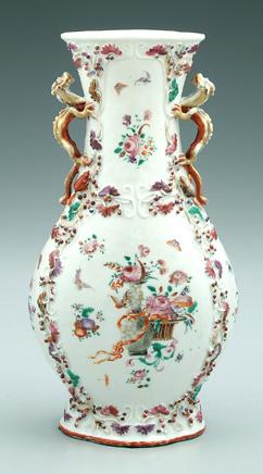 Appraisal: Chinese export famille rose vase flattened quatrefoil pear form dragon