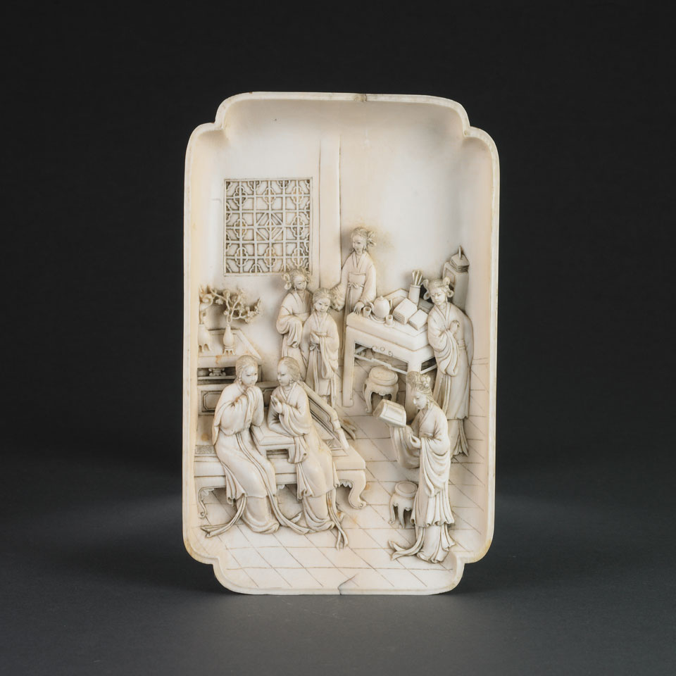 Appraisal: Fine Ivory Plaque of Women in a Literary Salon China