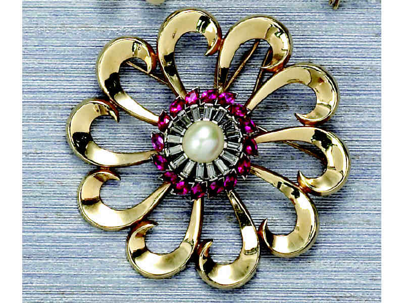 Appraisal: RETRO RUBY DIAMOND PEARL BROOCH k yellow gold marquise synthetic