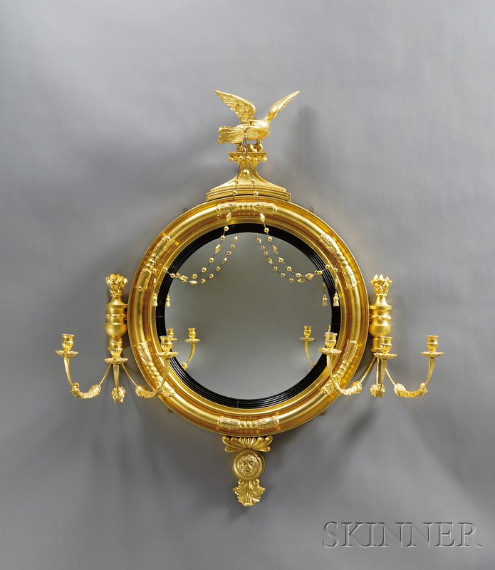 Appraisal: Gilt-gesso Convex Girandole Mirror England or America the eagle cresting