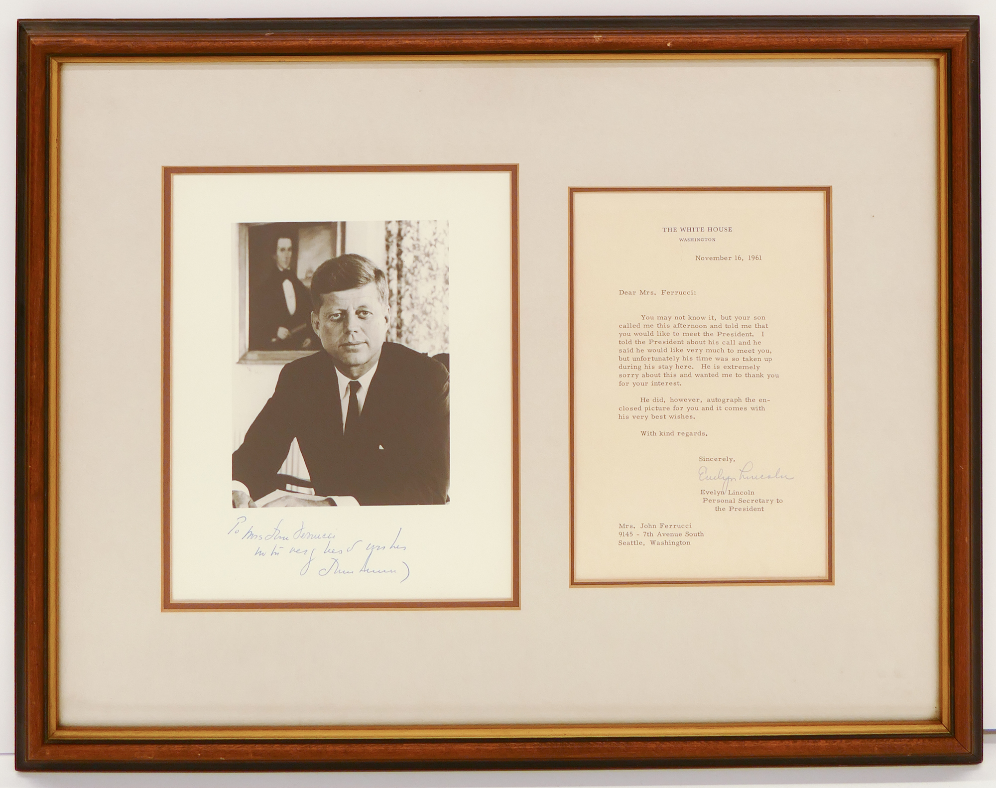 Appraisal: John F Kennedy Secretary Signed Photograph and White House Stationary